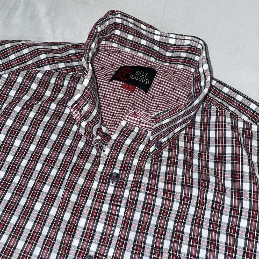 Billy Jealousy Mens Large Plaid Button Down Shirt Red Black White Cotton Dragon